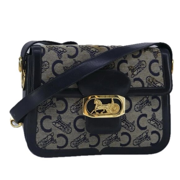 CELINE C Sulky Shoulder Bag Canvas Leather Navy Gold - Picture 1 of 15